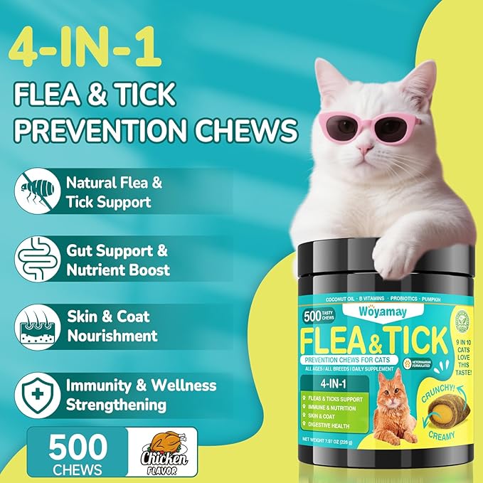4-IN-1 Flea and Tick Prevention for Cats, 500 Crunchy & Creamy Chews, Cat Flea Treatment, Natural Oral Flea Treatment for Cats, Daily Support for Flea, Immune, Skin & Coat, Gut, Chicken Flavor-PurrikoPets