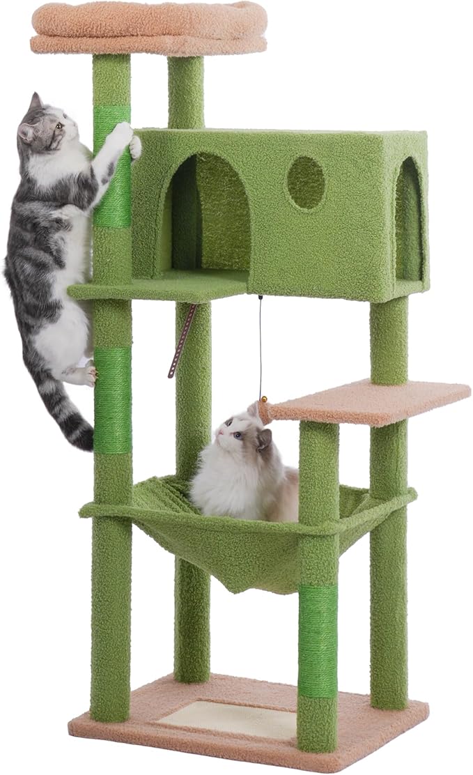 54” Cat Tree for Large Cats Big Cat Tower with Enlarged Hammock 21.6x17.7” Spacious Cats Condo House, Roomy Top Bed,Multiple Scratch Posts and Pad for Indoor Adult Cats (Green, Large-54)-PurrikoPets