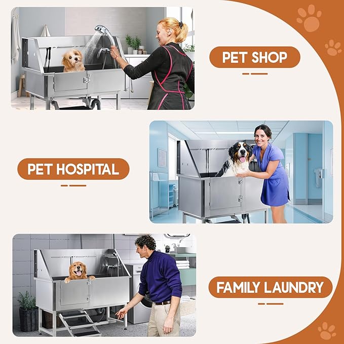 Albott 34 Inch Stainless Steel Dog Washing Station with Non-Slip Steps, Sprayer, Faucet, Tow Rope – Professional Pet Bathtub for Small Dogs, Great for Home, Garage, Salon (Left Door)-PurrikoPets