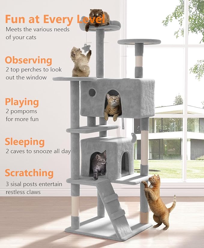 70'' Cat tree Tower for Indoor Cats Large Adult,Cute/Tall Modern Cat Tree for Big Cats 20 lbs,Plush Multi-Level Cat Condo with Scratching Posts,Dangling Ball for fun play(Light Gray, 70 inch)-PurrikoPets