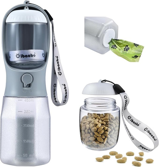 Dog Water Bottle with Food Container & Poop Bag Holder, Travel Water Bowl, Portable Pet Dispenser, Dog Stuff Accessories Items, Puppy Essentials Necessities for Yorkie Chihuahua Walking Hiking-PurrikoPets