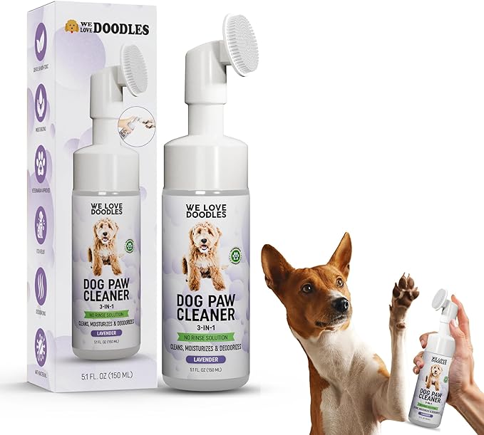 Dog Paw Cleaner (Over 100+ Feet Cleanings) No-Rinse Dog Foot Washer, Gentle and Safe Paw Cleaner for Dogs and Cats, Foam Formula, Moisturizes and Deodorizes, 150mL (Lavender) [We Love Doodles]-PurrikoPets