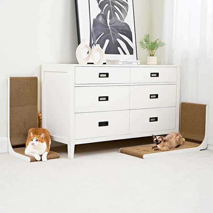 EHEYCIGA Cardboard Cat Scratcher for Indoor Kitten Cats, 19 Inch L Shaped Vertical Cat Scratching Board with Ball Cat Toy, Small Cat Scratcher Pad, White-PurrikoPets