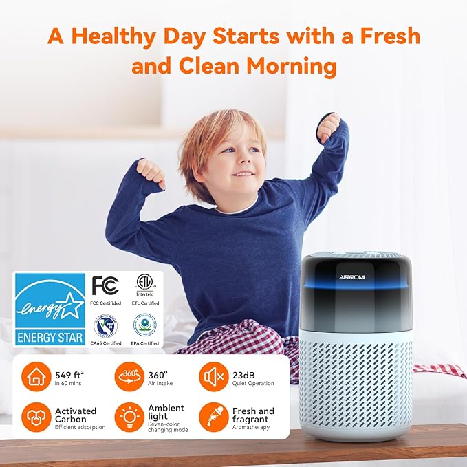 AIRROMI Air Purifier for Bedroom Home,HEPA Filter,Covers Upto 549 Ft²,Quiet 360°intake Air Cleaner with Fragrance ponge for Better Sleep,Night Light,Filters Smoke,Pet Dander,Allergies,Dust,A2005 Blue-PurrikoPets