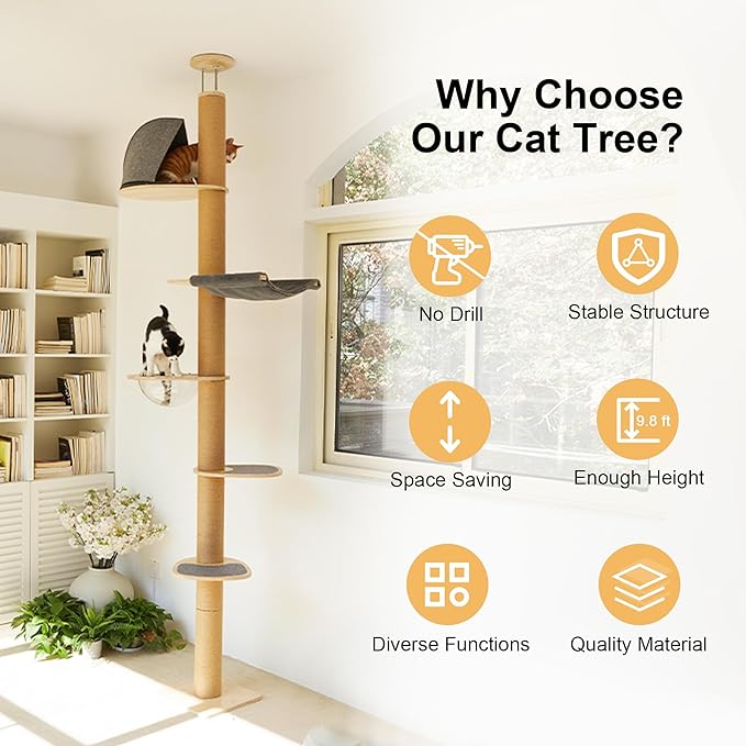 FUKUMARU Floor to Ceiling Cat Tree, 6 Level Adjustable Height (5.7-9.8 ft) Climbing Tower with Thickened Scratching Posts, Cats Activity Center with Transparent Capsule and Cozy Hammock-PurrikoPets