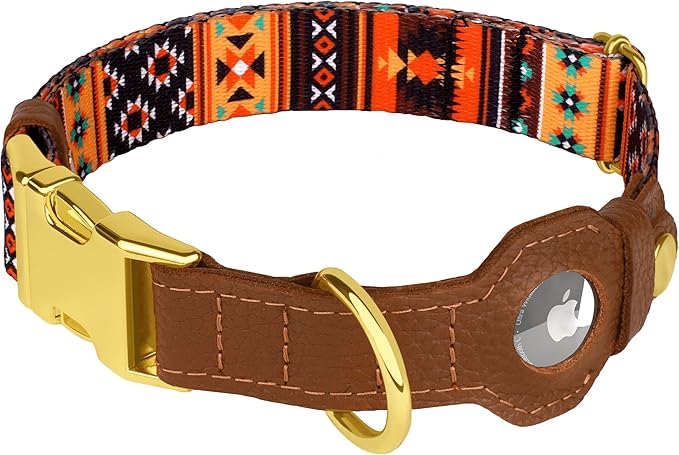 AirTag Dog Collar for Small Medium Large Breed - Adjustable Cute Pattern Dog Collar with Airtag Holder - Soft Leather Tracker GPS Apple Air Tag Pet Collars (Small, 12"-15" Neck Fit, Western)-PurrikoPets