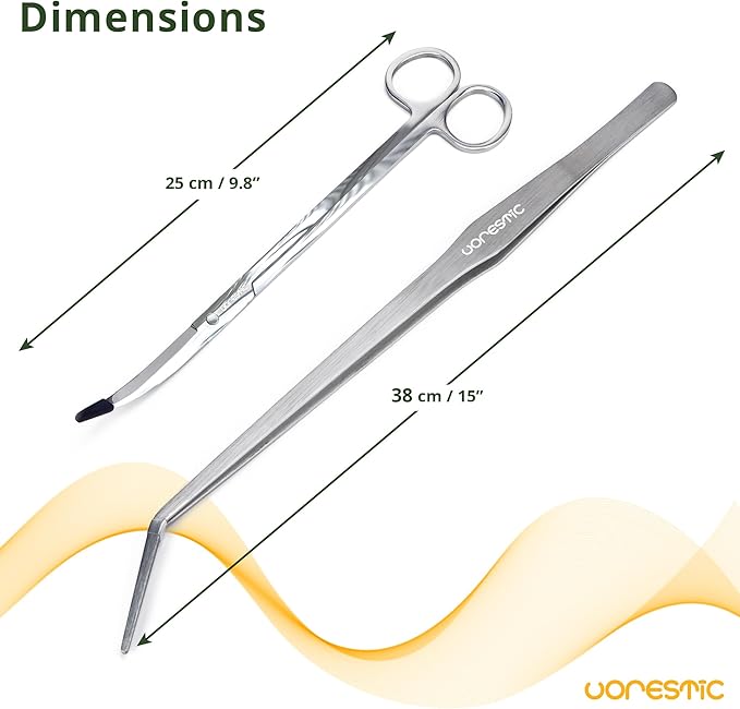 2PCS 15" Curved Aquarium Tweezers Long and 9.8" Aquarium Scissors, Feeding Tongs and Scissors with Protective Cap, Stainless Steel Aquascaping Tools for Plant Trimming and Reptile Feeding-PurrikoPets