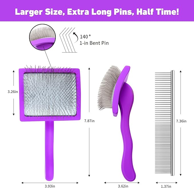 Dog Slicker Brush for Shedding and Grooming Medium or Long Haired Cats, Extra Long & Soft Pin Slicker Brush for Removes Loose Hair, Tangles, Knots, Undercoat, Free Pet Comb, Large Purple-PurrikoPets
