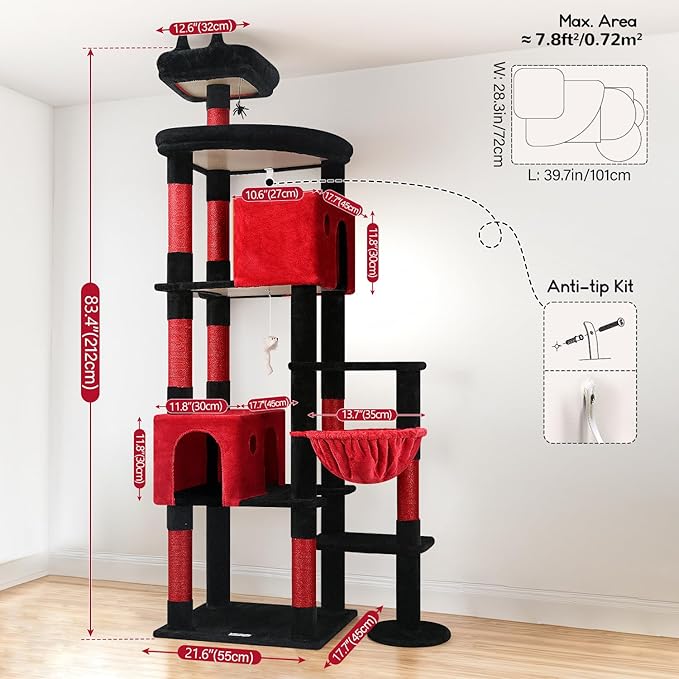 Globlazer Gohtic Giant Cat Tree, 83 inch Goth Cat Tree for Indoor Cats Large Adult, XXL Cat Tower with 9 Scratching Posts for 20lb+ Heavy Duty Large Adult Cats, F83, Blood-Goth-PurrikoPets
