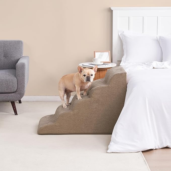 EHEYCIGA Curved Dog Stairs Ramp for High Beds, 5-Step Extra Wide Dog Steps for Small Dogs and Cats, Pet Stairs for High Bed Climbing, Non-Slip Balanced Pet Step Indoor, Camel-PurrikoPets