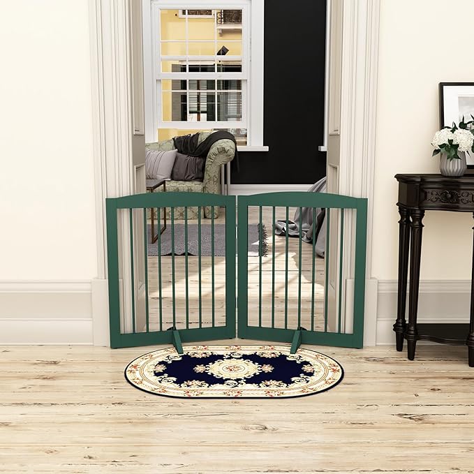Freestanding Pet Gate for Dogs, Foldable Wooden Dog Gate for House, Stairs, Doorways, Step Over Pet Puppy Safety Fence,Support Feet Included,24" Height 2 Panels, Green-PurrikoPets