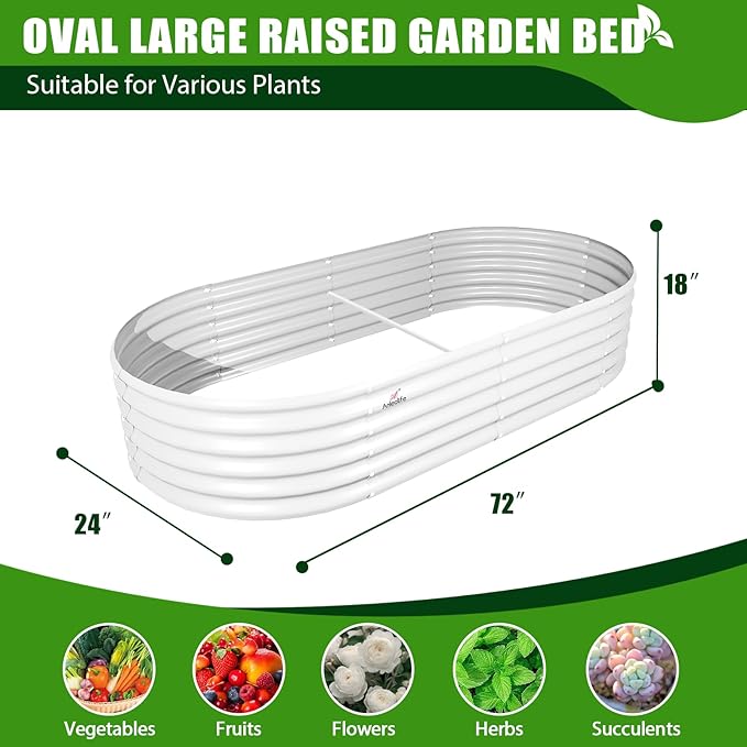 A ANLEOLIFE 6X2X1.5 ft Galvanized Raised Garden Beds Outdoor, Oval Round Metal Planter Box for Planting Vegetables Flowers Herb, Anti-Rust & Easy-Setup, Antique White-PurrikoPets