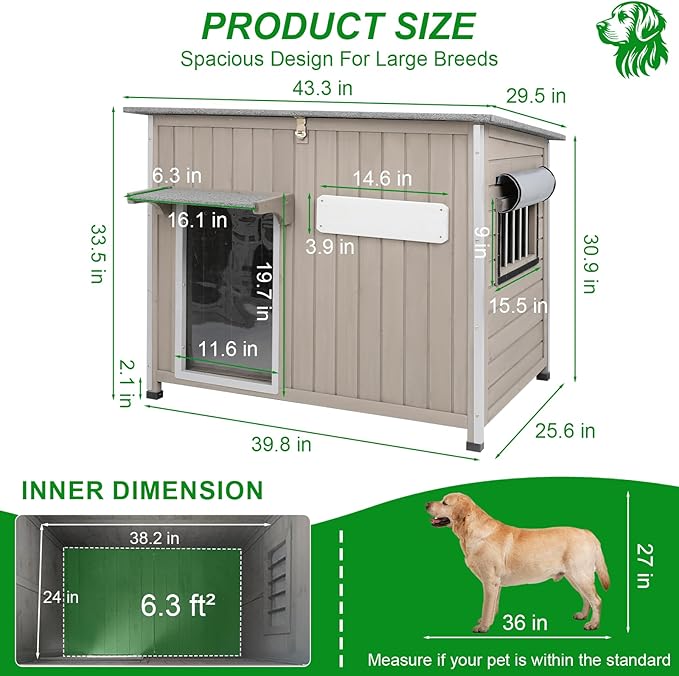 Dog House Outdoor Weatherproof & Wooden Dog Kennel with Chew-Proof Iron Frame，Removable Floor, Adjustable Vent Window, Easy Assembly for Large and Medium Dogs 43.3" D x 29.5" W x 33.5" H-PurrikoPets