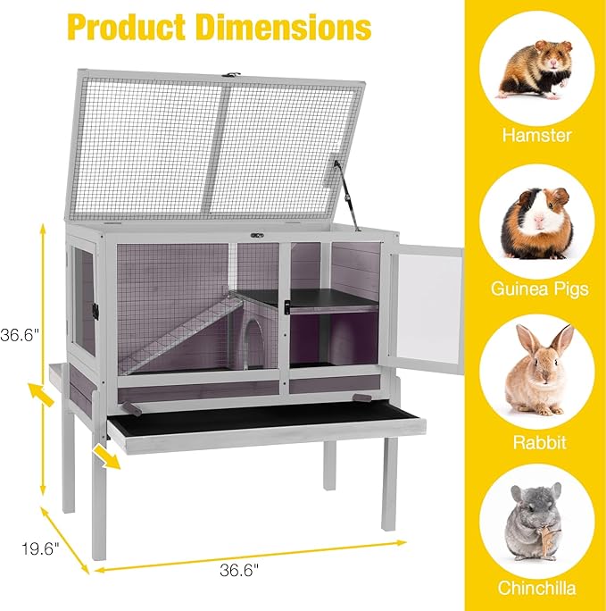 AIVITUVIN Wooden Guinea Pig Cage Indoor with Cooling Plate and Anti-Chewing Edges Two-Story Rabbit Hutch Pull Out Tray Outdoor Rabbit Cage with Raised Stand and Wire Mesh Small Animals Cage (Grey)-PurrikoPets