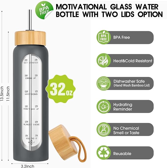 32 oz Glass Water Bottle with Straw - Motivational Time Marker & Silicone Sleeve - Reusable Tumbler Includes 2 Bamboo Lids & Fruit Infuser - 1 Pack-PurrikoPets