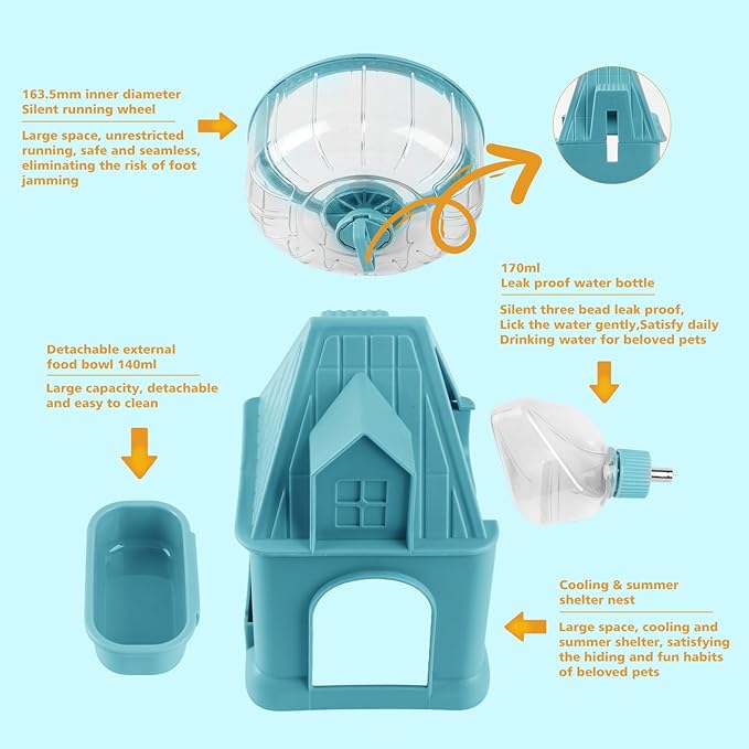 4 in 1 Silent Large Hamster Wheel Multifunctional Hamster Running Wheel Quite Running Spinner Wheel Accessories with Food Bowl Water Bottle for Hamsters Dwarf Gerbil (Blue)-PurrikoPets