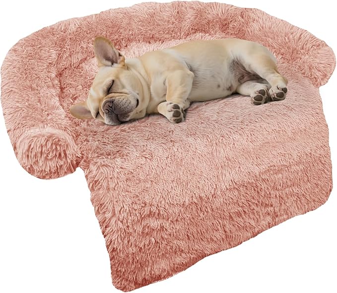 GGIB Calming Dog Bed Fluffy Plush Dog Mat for Furniture Protector with Removable Washable Cover for Large Medium Small Dogs and Cats (Small(35x31x5),Pink)-PurrikoPets