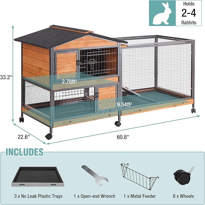 2-Story Rabbit Cage with Chew-Proof Metal Frame for Indoor/Outdoor - 62" Bunny Hutch Guinea Pig Cages with 6 Locking Wheels & 2 Removable Trays for Rabbits/Guinea Pigs-PurrikoPets