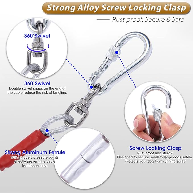 Dog Tie Out Cable for Dogs Outside Up to 250lbs,10/20/30/50/100FT Long Dog Leash&Chains,Small-Large Dogs Runner Cable for Yard,Heavy Duty Lead Line for Outdoor,Camping,Yard (250lbs 100FT, Silver)-PurrikoPets