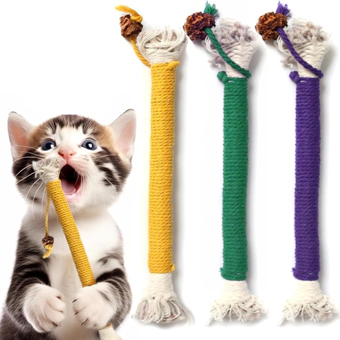 3 PCS Cotton Rope Cat Toys for Indoor Cats, Interactive Cat Rope Toys with Silvervine Fruit for Cats and Kittens, Handmade Pet Chew Toys for Teeth Cleaning-PurrikoPets