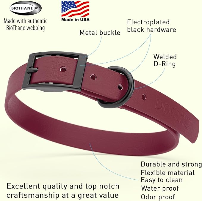 Dogline Biothane Waterproof Dog Collar Strong Coated Nylon Webbing with Black Hardware Odor- Proof for Easy Care Easy to Clean High Performance Fits Small Medium or Large Dogs, Merlot Burgundy-PurrikoPets