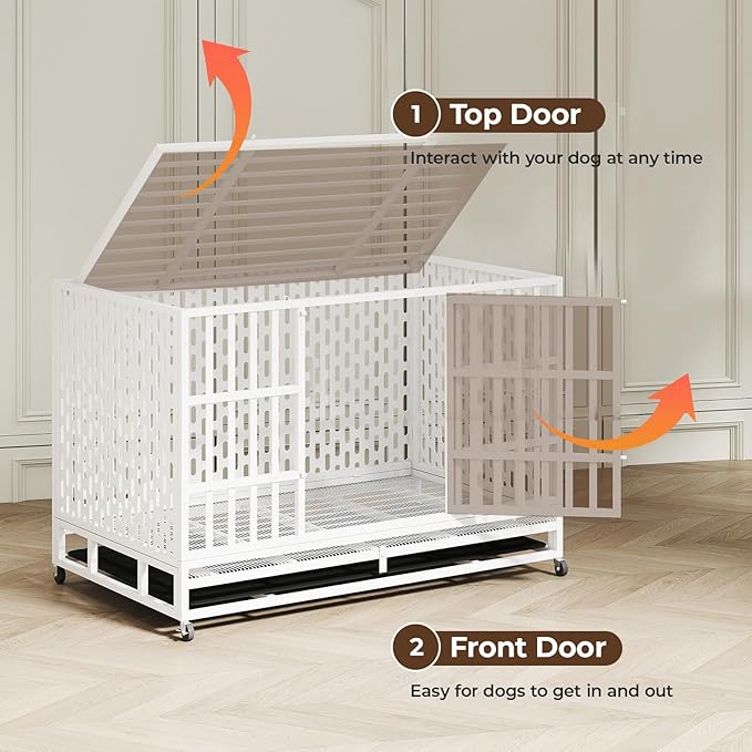 48 Inch Heavy Duty Indestructible Dog Crate Steel Escape Proof, Indoor Double Door High Anxiety Cage, Kennel with Wheels, Removable Tray,White,Extra Large XL XXL-PurrikoPets