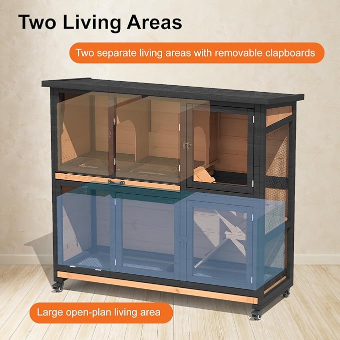 47.3" Two Story Rabbit Cage Bunny Cage Indoor, Wooden Rabbit Hutch Hamster Cages for Small Animals, Outdoor Guinea Pig Cages with Wheels & 2 Removable Trays & Bottom Wire Mesh-PurrikoPets