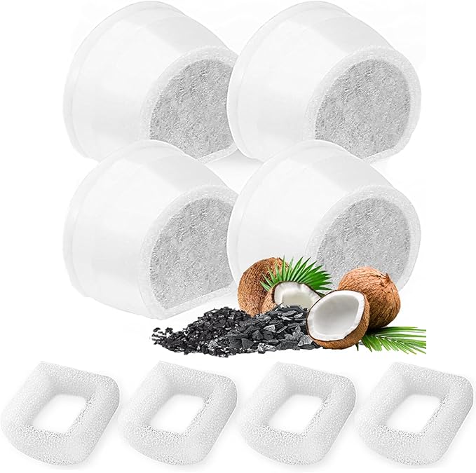 8 Pack Cat Water Fountain Filters Replacement, 4 Carbon Filters and 4 Foam Sponge Pre-Filter Fit for Multiple Ceramic and Stainless Steel Pet Fountains-PurrikoPets