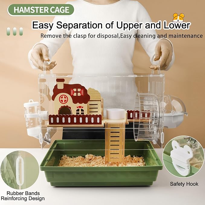 8 in 1 Clear Acrylic Hamster Cage with All Accessories,13.5''L* 10''W* 13''H Dwarf Hamster Cage,Small Hamster Habitat,Garden Style Mouse Cage for Pet Mice,Hamster Enclosure with Stairs(1-Layer)-PurrikoPets