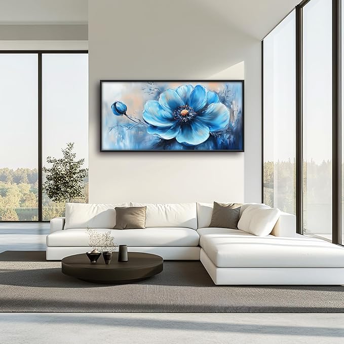 Extra Large Abstract Blue Flower Framed Wall Art for Living Room,Oversized Elegant Floral Pictures Wall Decor,Canvas Print Painting Modern Artwork Bedroom Office Bathroom 60L" x 30W"-PurrikoPets