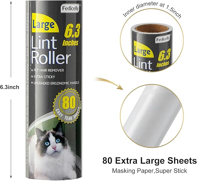 Fedicelly Lint Rollers Pet Hair Extra Sticky Floor with Long Handle,Large Cat Dog Hair Remover Laundry Clothes Carpet Furniture,6.3 inches Wider with 320 Sheets Giant Lint Remover Brush for Couch-PurrikoPets