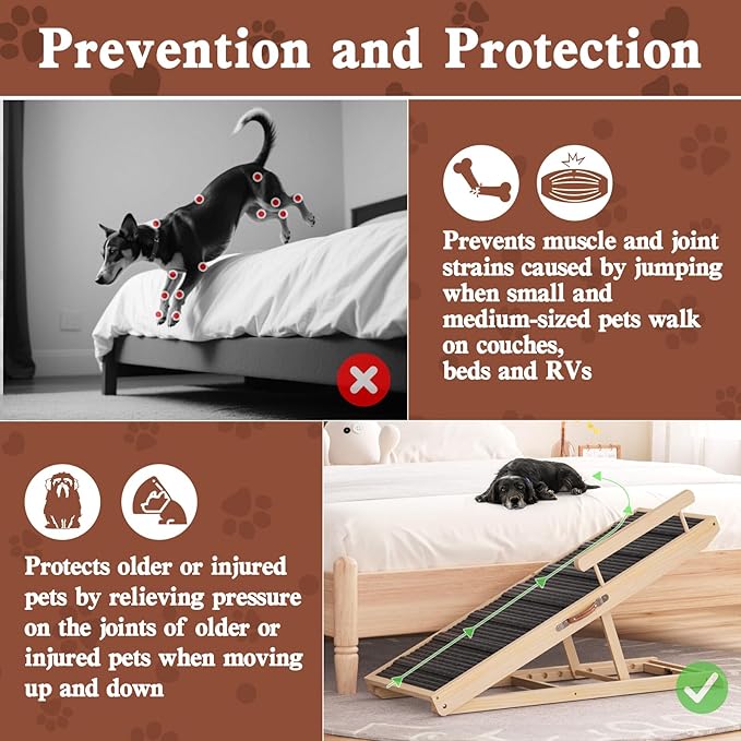 Dog Ramp for Bed, Couch, Car, Folding Pet Ramps 44.48" Long Adjustable 15"-22" Wooden Stairs with High Traction Mat & Safety Side Rails for Small & Medium Old Dogs & Cats, up to 200 lbs-PurrikoPets