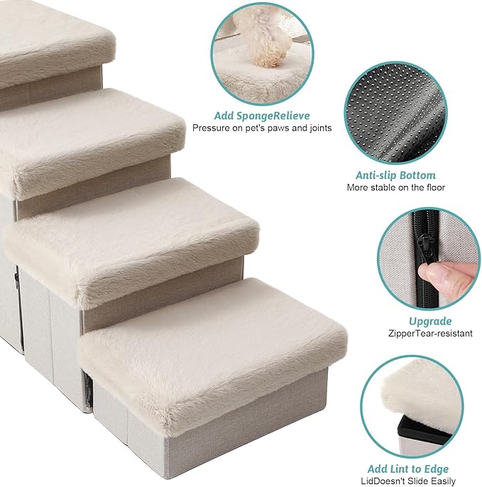 Dog Stairs for Small Dogs with Storage and Condo, 17.5" H Foldable Pet Stairs for Small Medium or Puppy Dogs and Older Cats, Dog Steps for Bed or Couch, 13x35x17.5 inch, 4 Tiers, Beige-PurrikoPets