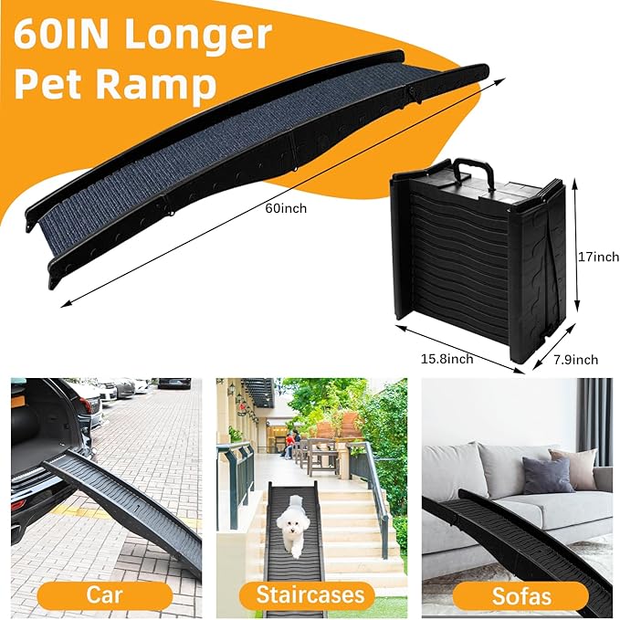 Dog Ramp for Car, Pet Ramp with Removable Non-Slip Pads for Large Small Medium Dog Cat, 60''x16'' Folding Pet Ramp to Get on Truck SUV Van Up to 150LBS, Car Ramp for Pets Outdoor Indoor-PurrikoPets