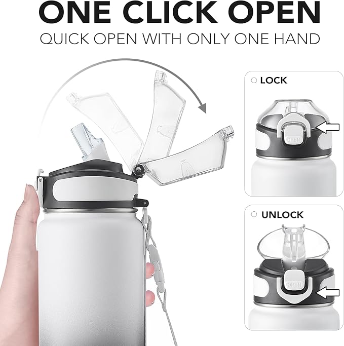 Enerbone 32 oz Insulated Water Bottle, Stainless Steel Bottle with Carrying Strap, Double-Wall Vacuum Insulation Design, Leakproof Sports Bottle with Straw, Keep Drinks Cold or Hot for Hours-PurrikoPets