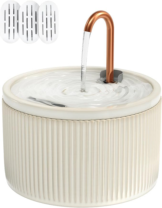 DOOOB Ceramic Cat Water Fountain, 2.1L/71oz Ceramic Cat Fountains, Automatic Pet Water Fountain for Cats, Pet Water Fountain with Ultra-Quiet Pump and 3 Filters & 3 Sponges (Beige)-PurrikoPets