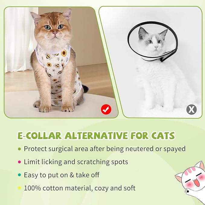 2 Packs Cat Surgery Recovery Suit Surgical Clothes Abdominal Wounds Anti-Licking Cat Bodysuit Onesie Substitute E-Collar& Cone-PurrikoPets