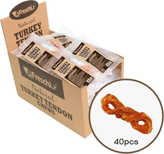 Afreschi Natural Turkey Tendon Rope (S) 40 Units/Box, Dog Treats for Signature Series, All Natural Human Grade Puppy Chew, USA-Sourced Turkey Tendon, Hypoallergenic, Rawhide Alternative-PurrikoPets