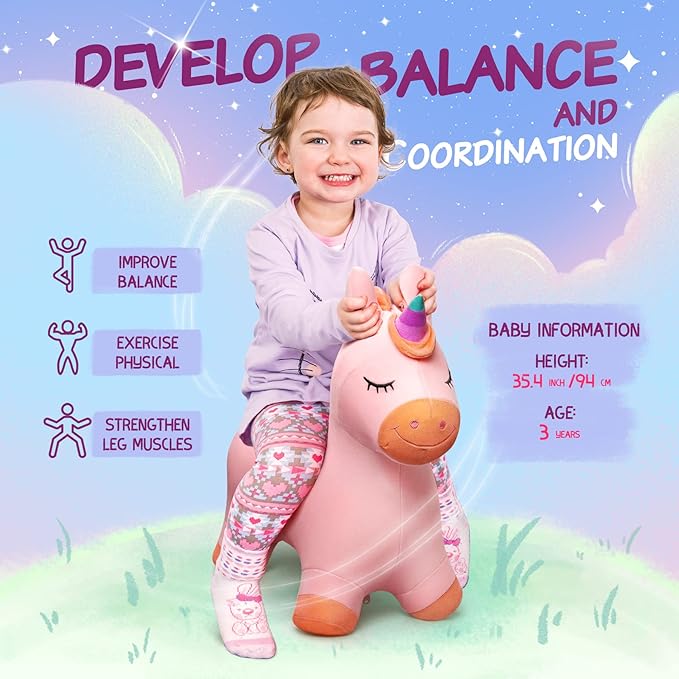 EVERICH TOY Bouncy Horse Unicorn Toys, Inflatable Bouncing Animal Hopping Toys, Outdoor Indoor Ride on Bouncer, Boys Girls Birthday Gift for 18 Month 2 3 4 5 6 Year Old Kid- Plush Unicorn Toy-PurrikoPets