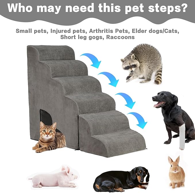 Dog Stairs for High Beds 25-30 inches Tall, 6-Step Dog Steps for High Bed for Doggies/Kitties, 30D Foam Pet Stairs Steps for Small Dogs, Dog Ramp/Ladder for Old Dogs/Cats, Grey-PurrikoPets