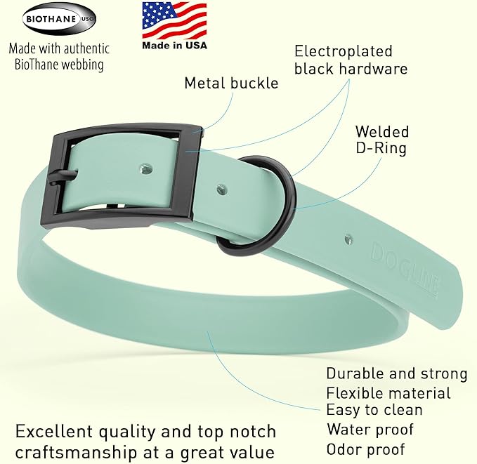 Dogline Biothane Waterproof Dog Collar Strong Coated Nylon Webbing with Black Hardware Odor- Proof for Easy Care Easy to Clean High Performance Fits Small Medium or Large Dogs, Sage Green-PurrikoPets
