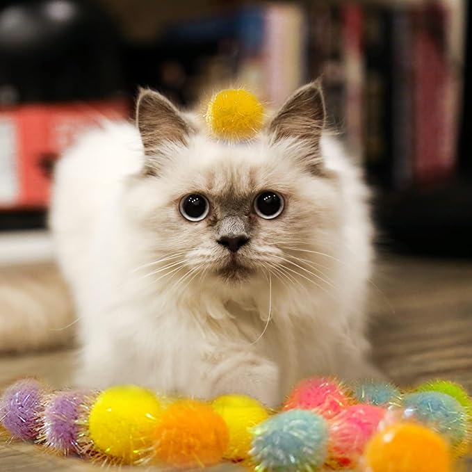 20 Pieces Mix Sizes Sparkle Pom Pom Balls for Cat - Interactive Glitter Balls, Multicolor, Best as Kitten Play Toys.-PurrikoPets