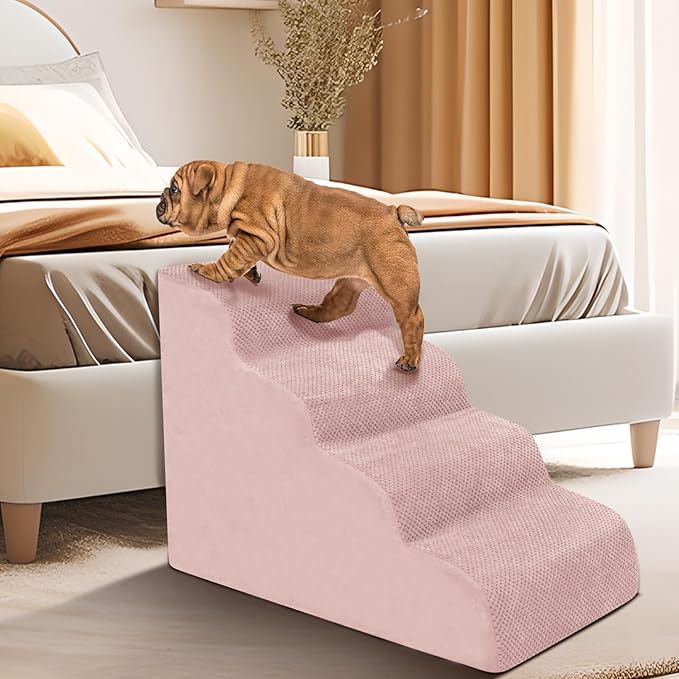 Dog Stairs for Small Dogs - High Density Foam Pet Steps, Extra Wide Dog Ramp with Non-Slip Bottom for High Beds, Couch and Sofa, Best for Dogs Injured, Older Doggy Cats,4 Stpes, Pink-PurrikoPets