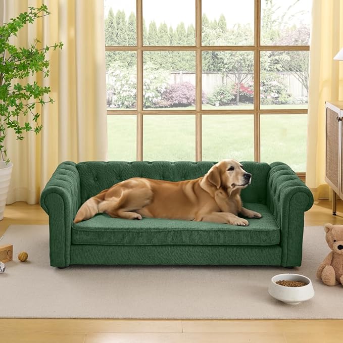 Dog Sofa Couch for Medium to Large Dogs, 55" Memory Foam Pet Sofa Couch with Washable Fabric, Durable Elevated Dog Bed with Legs, Removable Cushion for Medium and Large Dogs, Green-PurrikoPets