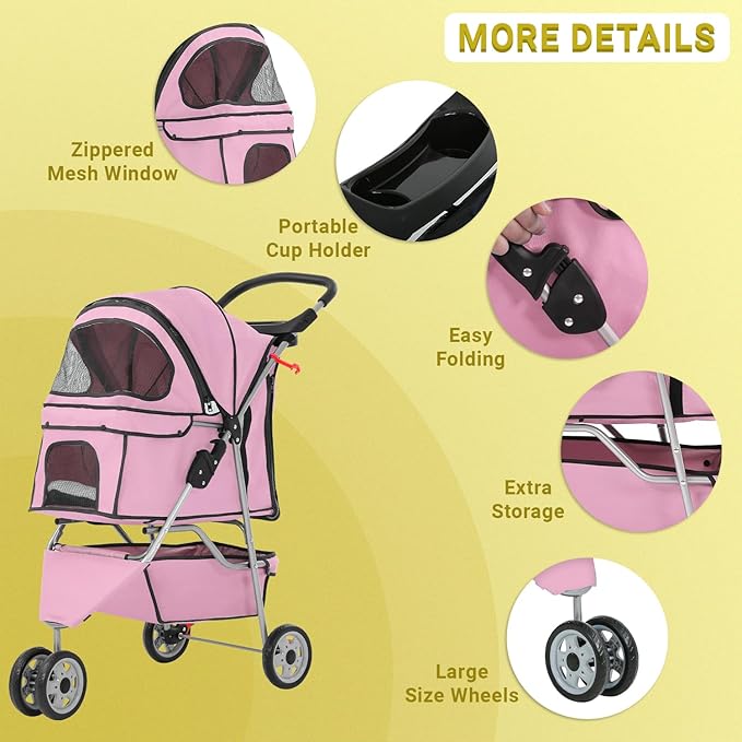 3-Wheels Pet Strolling Cart for Small Medium Dogs and Cats with Storage Basket,Holder, Foldable Pet Stroller with Waterproof Cover, Breathable Mesh for All-Season, Pink-PurrikoPets