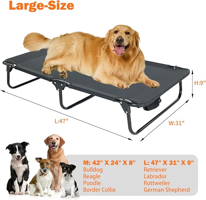 Elevated Dog Bed for Large Pet with No-Slip Feet, Foldable Portable Washable Raised Bed for Indoor&Outdoor Camping Dog Cot, with Cooling Waterproof Breathable Mesh (Large, Black-Textilene)-PurrikoPets