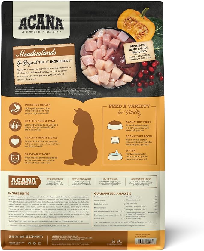 ACANA Highest Protein Meadowlands Grain-Free Dry Cat Food, Free-Run Chicken and Turkey and Chicken Liver Cat Food Recipe, 4lb-PurrikoPets