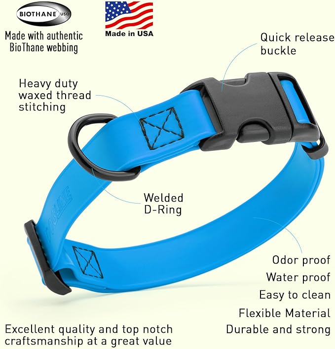Dogline Biothane Waterproof Dog Collar with Quick Release Buckle Strong Coated Nylon Webbing with Odor- Proof for Easy Care Easy to Clean Fits Small Medium Large Dogs, Dogline Blue 5/8" W 9-14" L-PurrikoPets