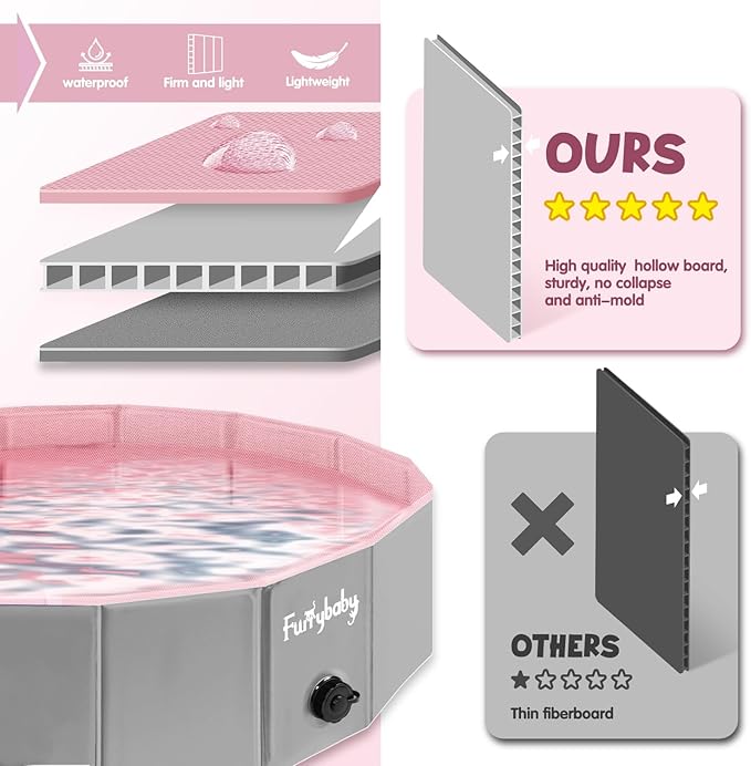 Furrybaby Dog Pool, Foldable Dog Pools for Large Dogs Portable Kiddie Pool Pet Doggie Wading Swimming (Pink 63'') Indoor and Outdoor-PurrikoPets