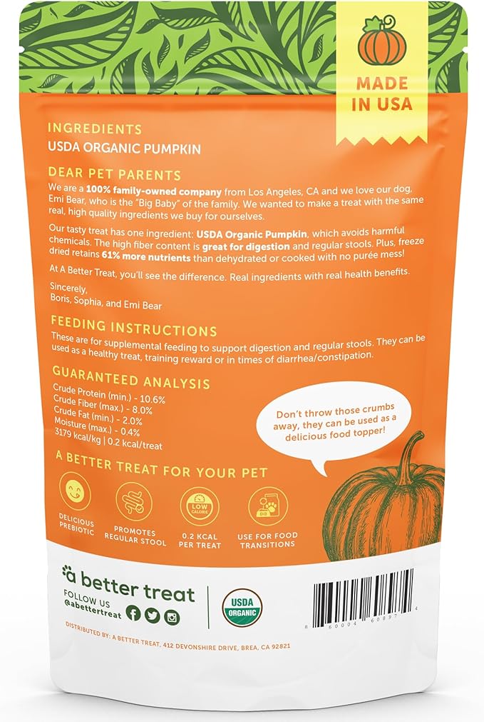 A Better Treat – Freeze Dried Organic Pumpkin Dog and Cat Treats, Organic, Single Ingredient | Natural, Healthy, Diabetic Friendly | Made in The USA-PurrikoPets
